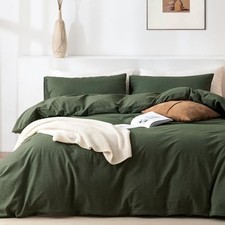 Duvet Cover Set- 100 Washed Cotton 3 Pcs Soft Comfy King Olive Green