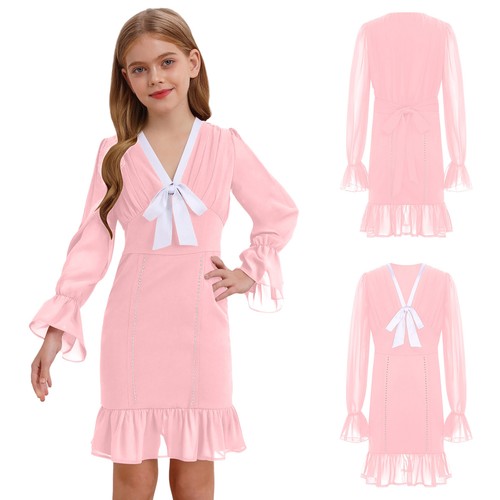 Children Girls Color Block V-neck Long Ruffled Sleeves Bowknot Rhinesto Dress - Picture 12 of 44