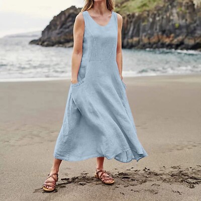 Women's Midi Dress Cotton Linen Dresses Cotton Linen Dress Fashion Classic Vacation Going out Weekend Regular Fit Plain Sleeveless Crew Neck White