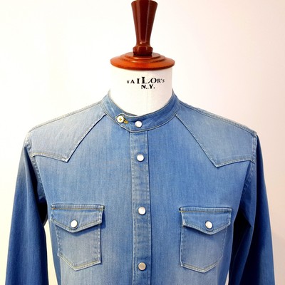 Koreanisches Jeanshemd Stretch Man Fradi Delavè Bleach Washed Celeste Perlmutt