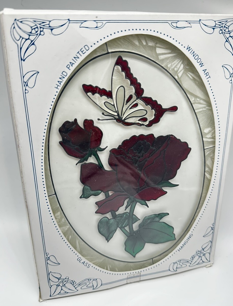 Joan Baker Designs Stained Glass Red Rose & Butterfly Oval