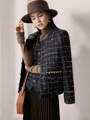 Handmade Tweed Boucle French Plaid Jacket With Gold Chain Size M(Uk8-10)