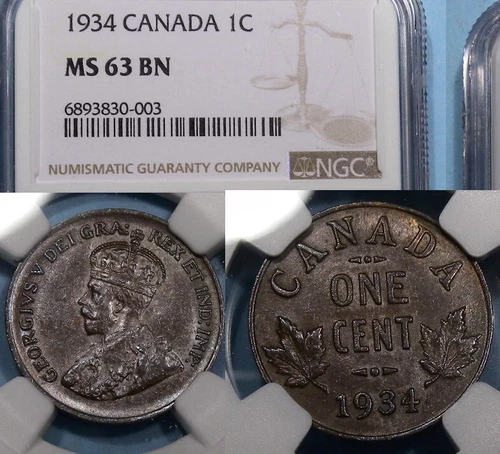 1934 CANADA CENT NGC MS 63 BN CANADA AUCTION COMP $94 #VAM-52x