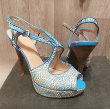 Karen Millen Platform Buckle Stiletto Size 6 Blue Wicker Straw Look Strap Heels