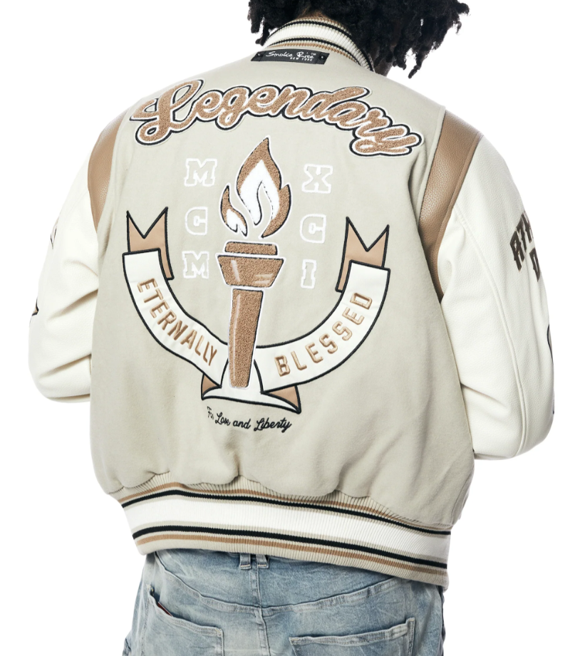 *NEW* MEN Smoke Rise Torch Varsity Jacket Clay Beige (WW23697EC), Sz MD