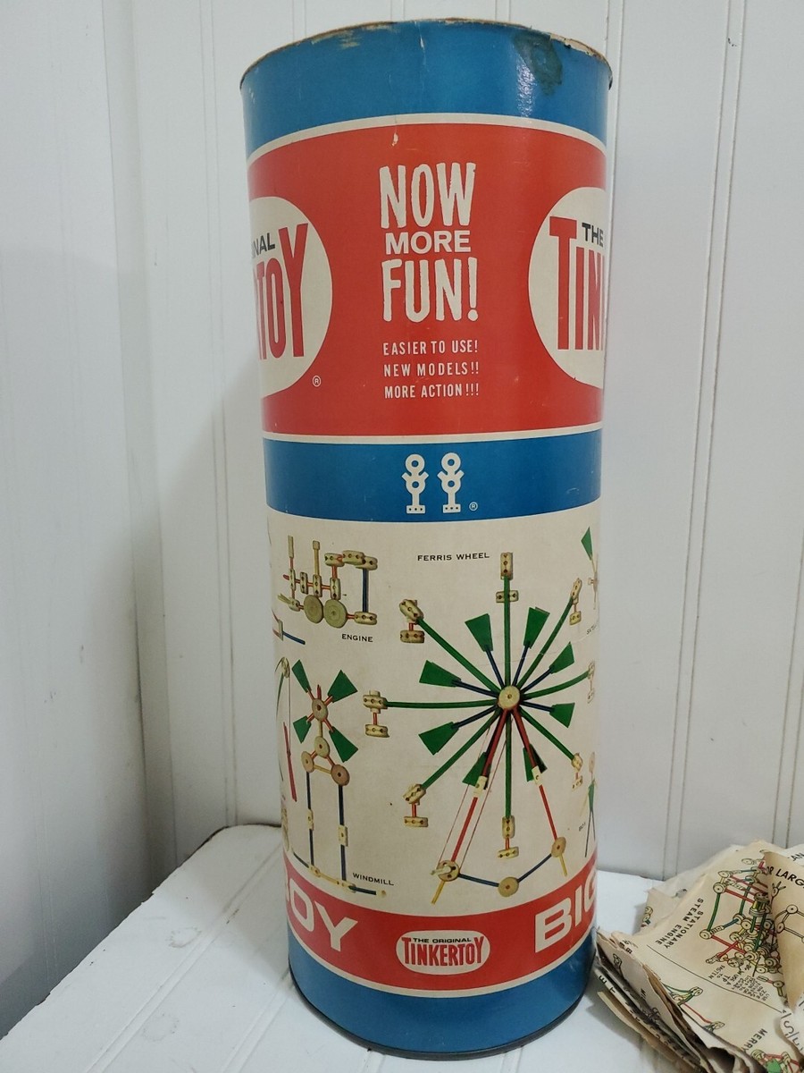 Vintage THE ORIGINAL TINKER TOY BIG BOY Set 1960s Can / Box +