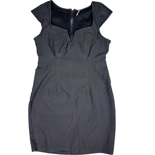 Free People Dress Womens Small Black Denim Mini Sweetheart Cap Sleeve Bodycon