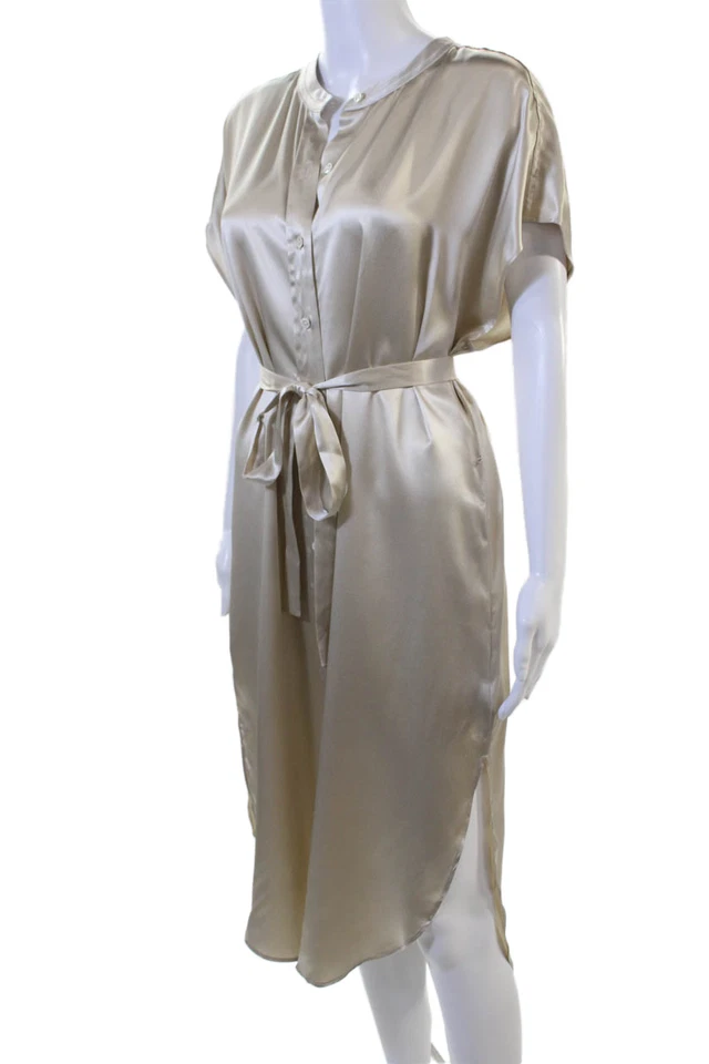 Banana Republic, Women Silk Beige Shirt Dress Button Petite Size L - Image 2 of 4