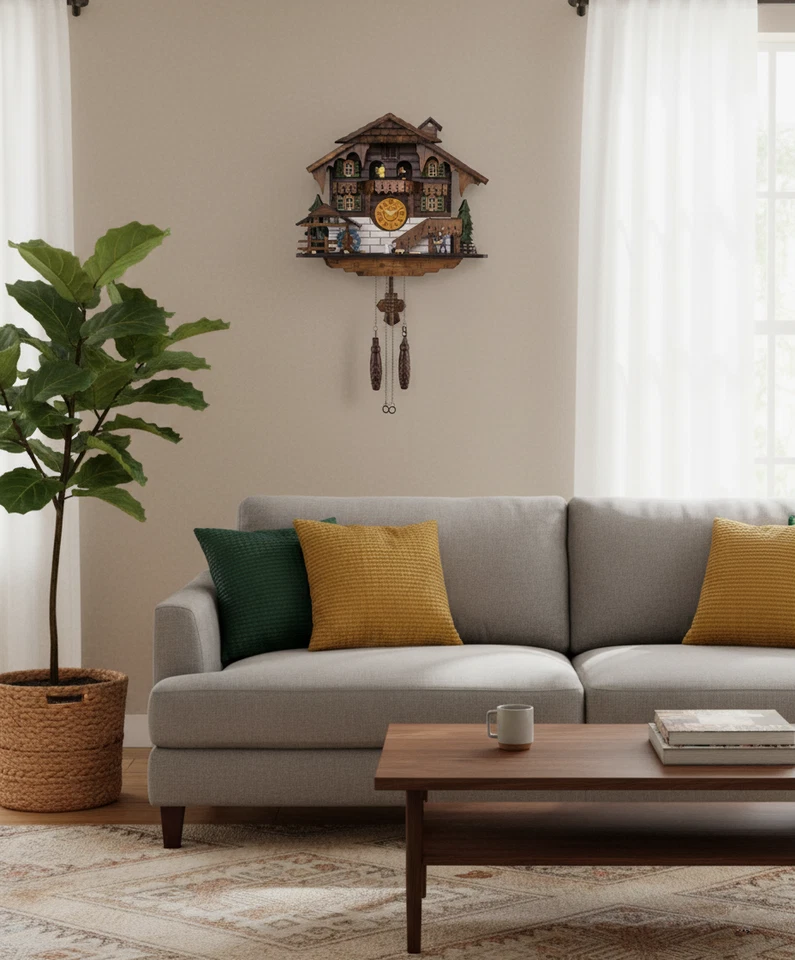 Reloj de Cuco Tradicional Selva Negra Diseño Alemán Picadora de Madera Cuarzo Musical Foto 2 de 4