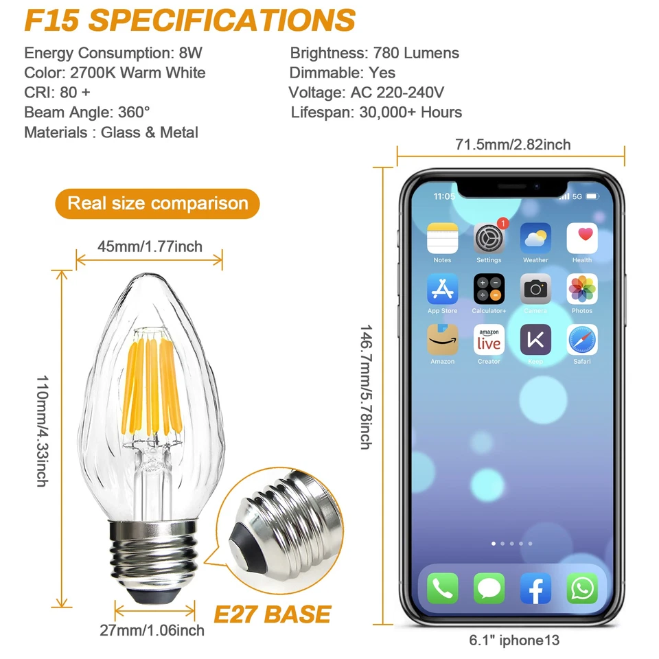 E26 LED Bulb F15 Flame Wrinkle Retro Dimmable Warm White Chandelier Candle Light - Image 4 of 4