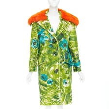 rare PRADA 2017 Runway alpaca green floral orange sheep fur collar coat IT40 S