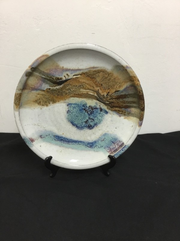 Oscar Bucher, Handcrafted Pottery Plate, Abstract, 14in Wide, Signed, (SR674)