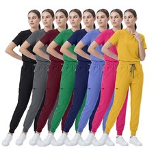 Medical Nursing Scrub Uniform Set Crew Neck Jogger Drawstring Comfortable Colors