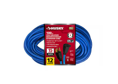 Husky 100 ft. 12/3 Medium Duty Cold Weather Indoor/Outdoor Extension Cord, Blue