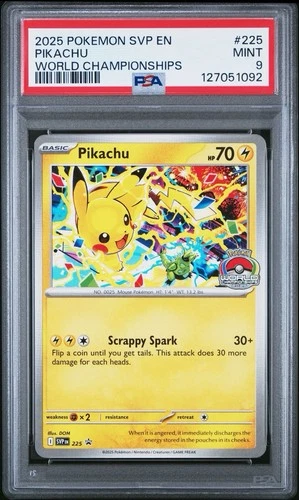 2025 POKEMON SVP EN-SV BLACK STAR PROMO WORLD CHAMPIONSHIPS #225 PIKACHU PSA 9