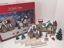 St Nicholas Square LIGHTED CHRISTMAS BUILDINGS FIGURINES 10 PIECE STARTER SET