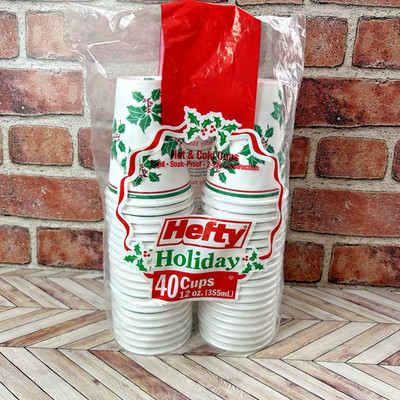 Vtg Hefty Holiday Cups 12oz 40 Pk Holly Pattern Hot Cold Soak Proof 2 ply PROP
