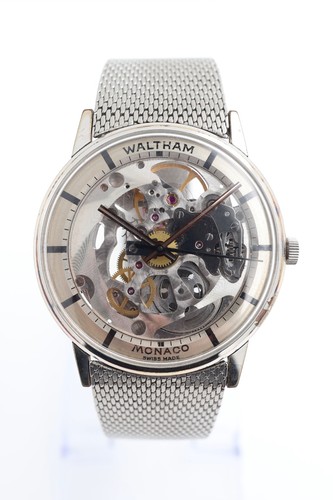 Waltham Monaco Vintage Manual-Winding Men’s Skeleton Watch Silver Tone Case