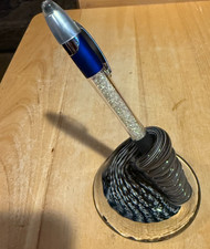 Hand Blown Art Glass Corkscrew BLACK Pen Holder Paperweight Swirl Twist W/PEN