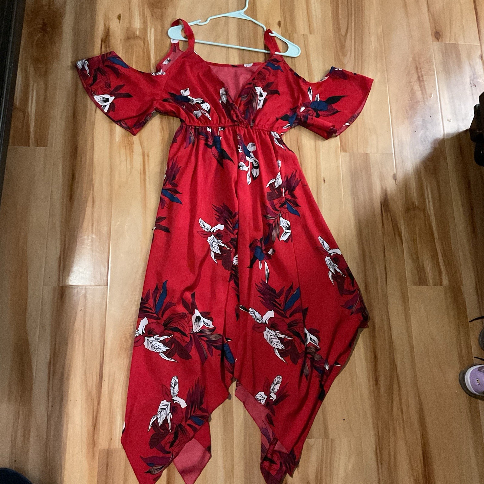 SHEIN off The Shoulder Red White And Blue Floral Midi Dress Size Large