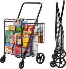 Folding Shopping Cart, Jumbo Grocery Cart with Double Baskets, 360 Swivel Wheel
