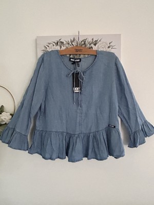 NEW DKNY $79 Chambray Top Size M Womens Ruffle Keyhole Tie Blue Lyocell Blouse