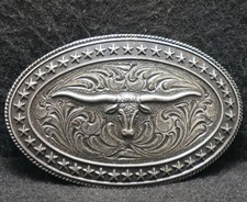 XD21160 AMAZING VINTAGE 1980s  LONGHORN STEER  WESTERN ANIMAL MENS BELT BUCKLE