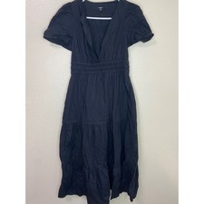 Quince Black Cotton Poplin Tiered Midi Dress Puff Sleeve Pockets Size XS