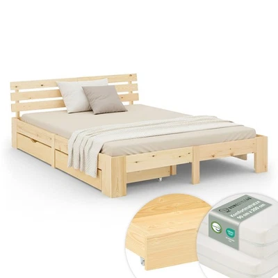 Lit double 180x200 en bois avec matelas et tiroirs – Lit adulte/ado Homestyle4u - Photo 1/4