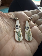 Vintage white enamel dangle Earrings With Leaf/Floral Design pierced ears. 