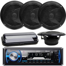 Pyle Bluetooth MP3/USB Receiver, 4x 6 1/2" Waterproof Black Speakers, Cover