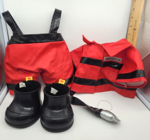 q.  Build a Bear Red Fireman Fire Fighter Uniform Teddy Outfit Hose Boots Set - Picture 1 of 11