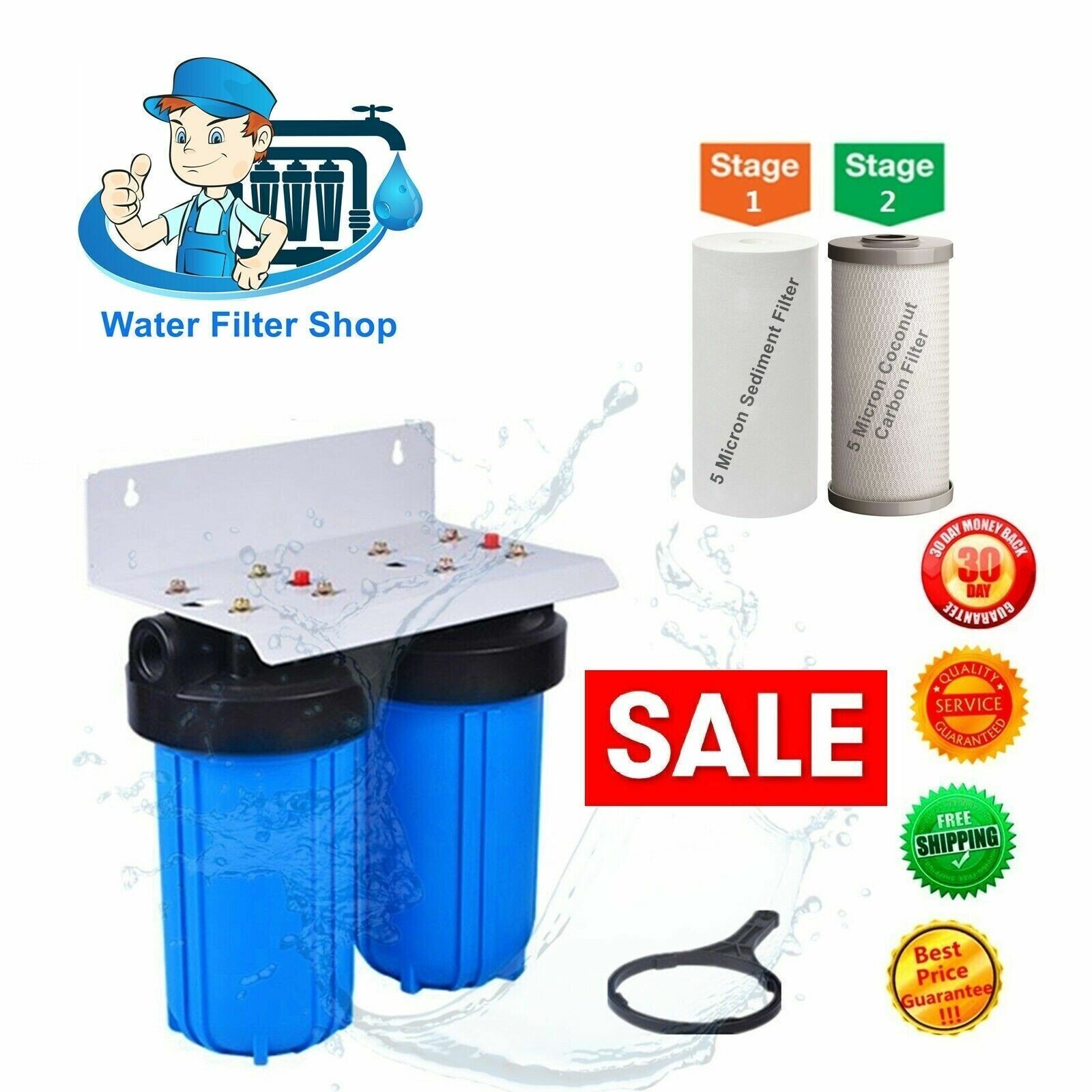 10" x 4.5" Big Blue Twin Whole House Water Filter System  (2 stages)