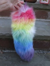 RAINBOW  FOX FUR TAIL GENUINE CAR HOUSE KEY CHAIN TAIL SUPER SOFT PRIDE FANTASY