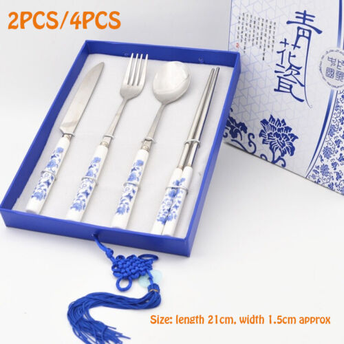 Blue & White Porcelain Covered Sets Wands Knife Fork Spoon - Picture 1 of 10