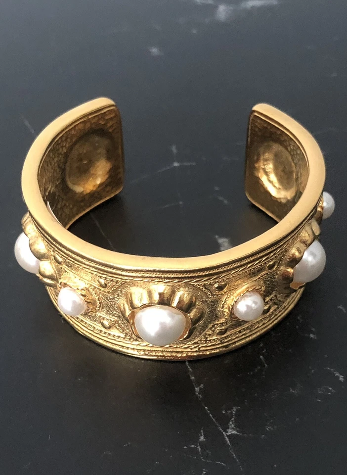 BEN AMUN 24K Gold Pl Chunky Statement Pearl Cuff Vintage Designer Bracelet 73.1g - Image 2 of 4