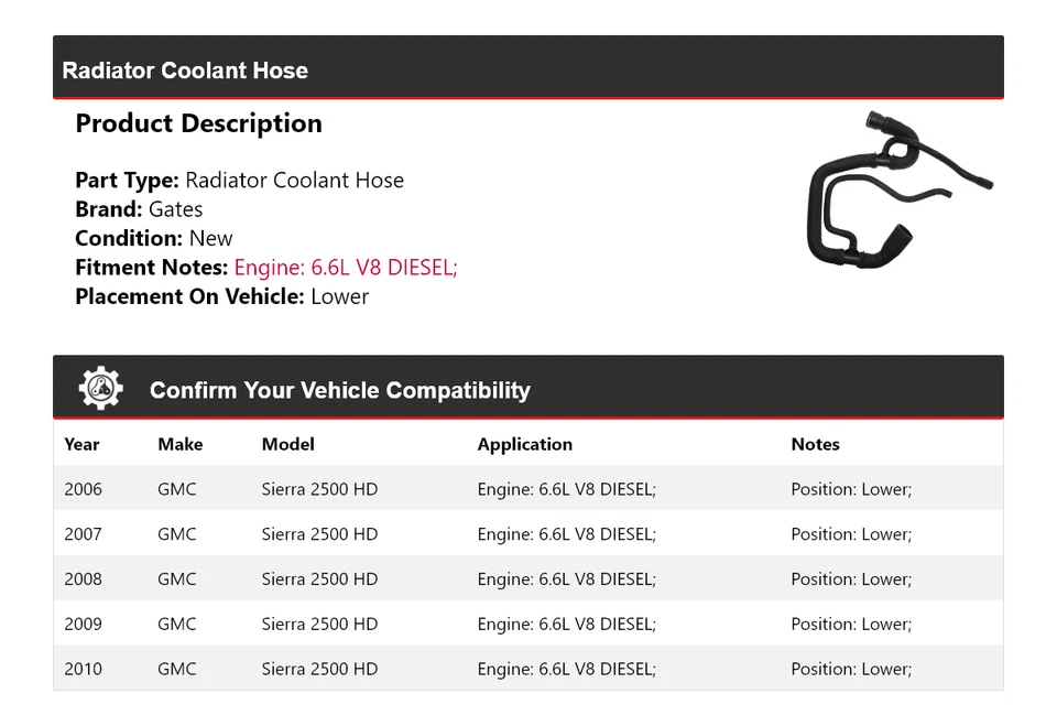 For 2006-2010 GMC Sierra 2500 HD Radiator Coolant Hose Lower Gates 2007 2008 - Image 2 of 4