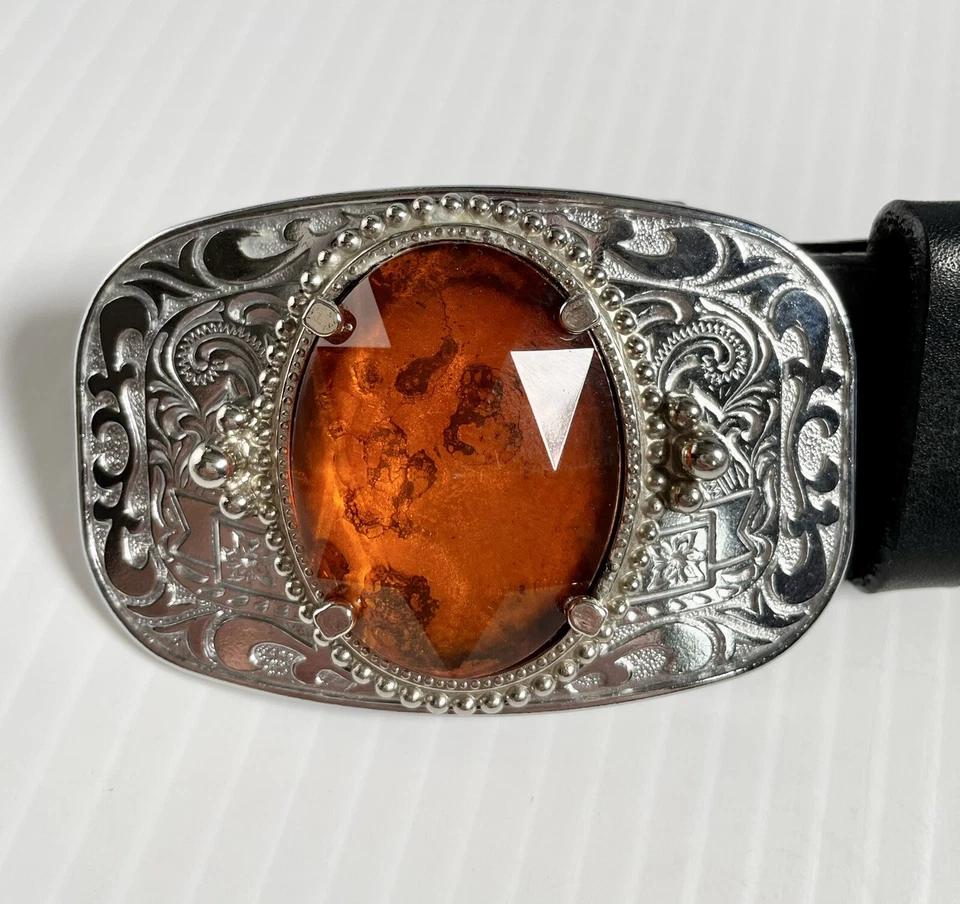 Cinturón Ala Roja Vintage y Hebilla de Cinturón Western Tono Plata con Piedra Color Ámbar Foto 3 de 4