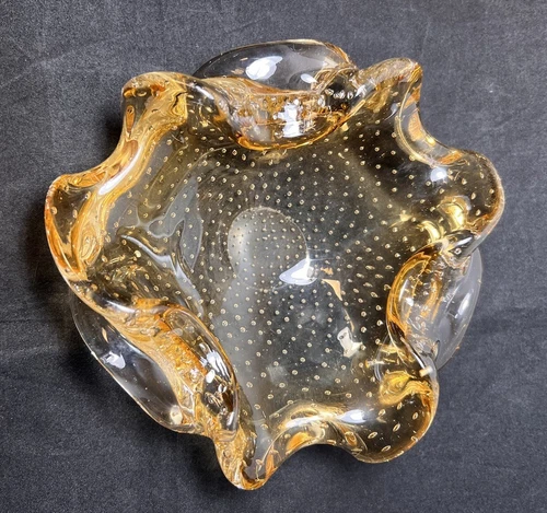 Vintage Hand Blown Amber Murano Controlled Bubble Art Glass Ashtray Bowl