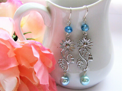 Blue Pearl Flower Leaf Branch Crystal Silver Dangle Earrings