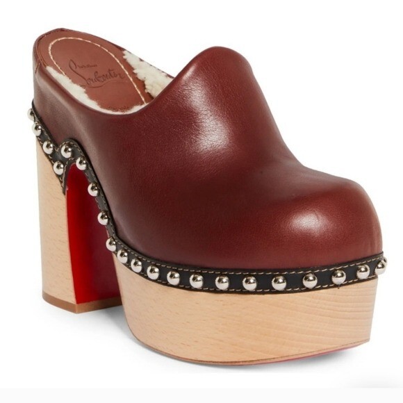 Christian Louboutin Joan Shearling Lined Platform Clog in Bourbon 35.5