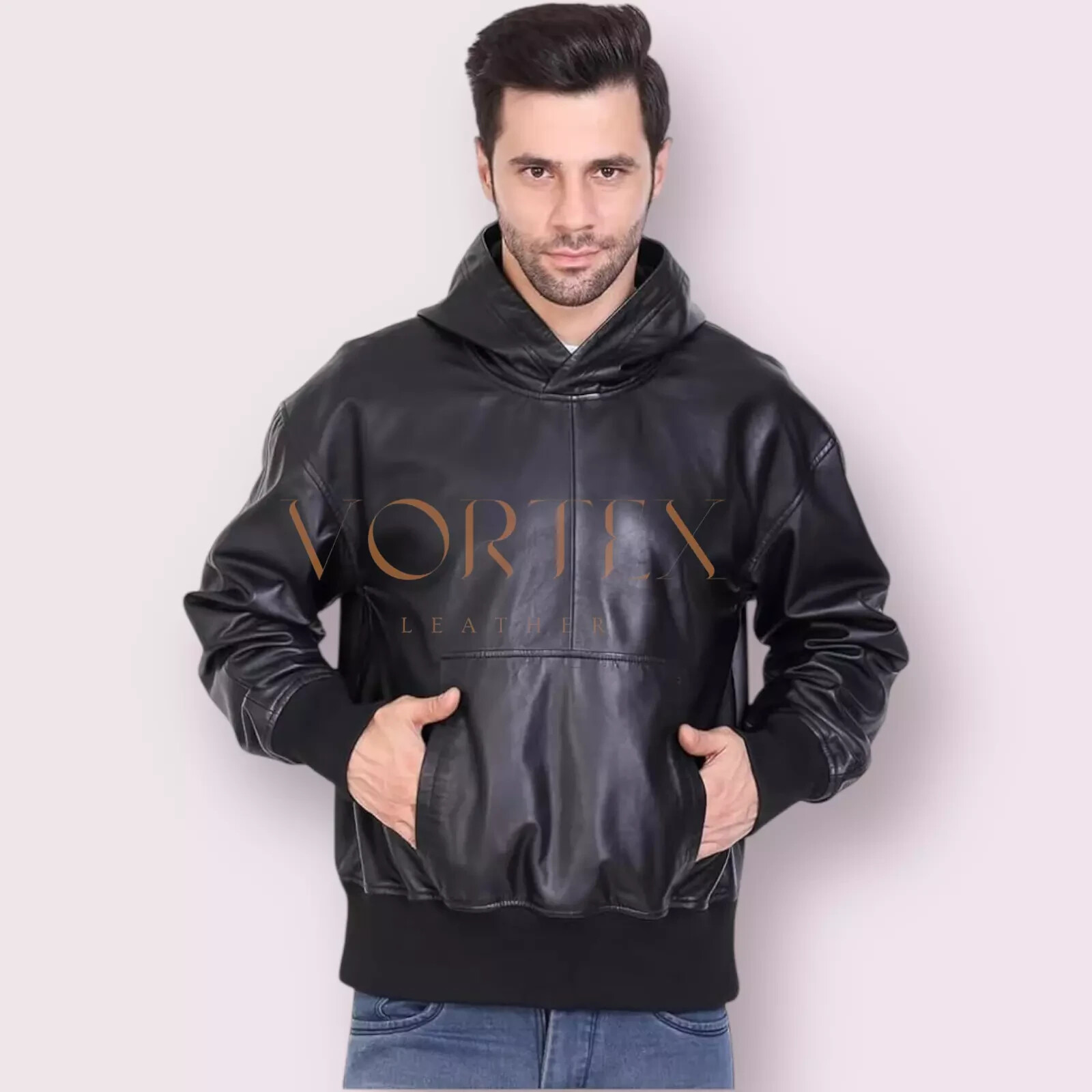 Men's Black Lambskin Leather Hoodie Premium Classic Style