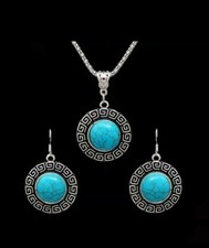 Parure collana ed orecchini argento con pietre turchesi, stile etnico 