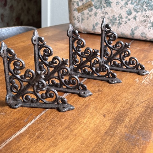 4 Antique Style Cast Iron Shelf Brackets Scrolls Fleur De Lis Vines Braces 4”