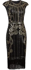 VIJIV 1920s Vintage Inspired Sequin Embellished Fringe Gatsby Flapper Dress L