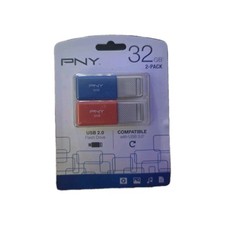 PNY 32GB USB 2.0 Flash Drive Duo Pack Orange/Blue Compatible W/USB 3.0 New 