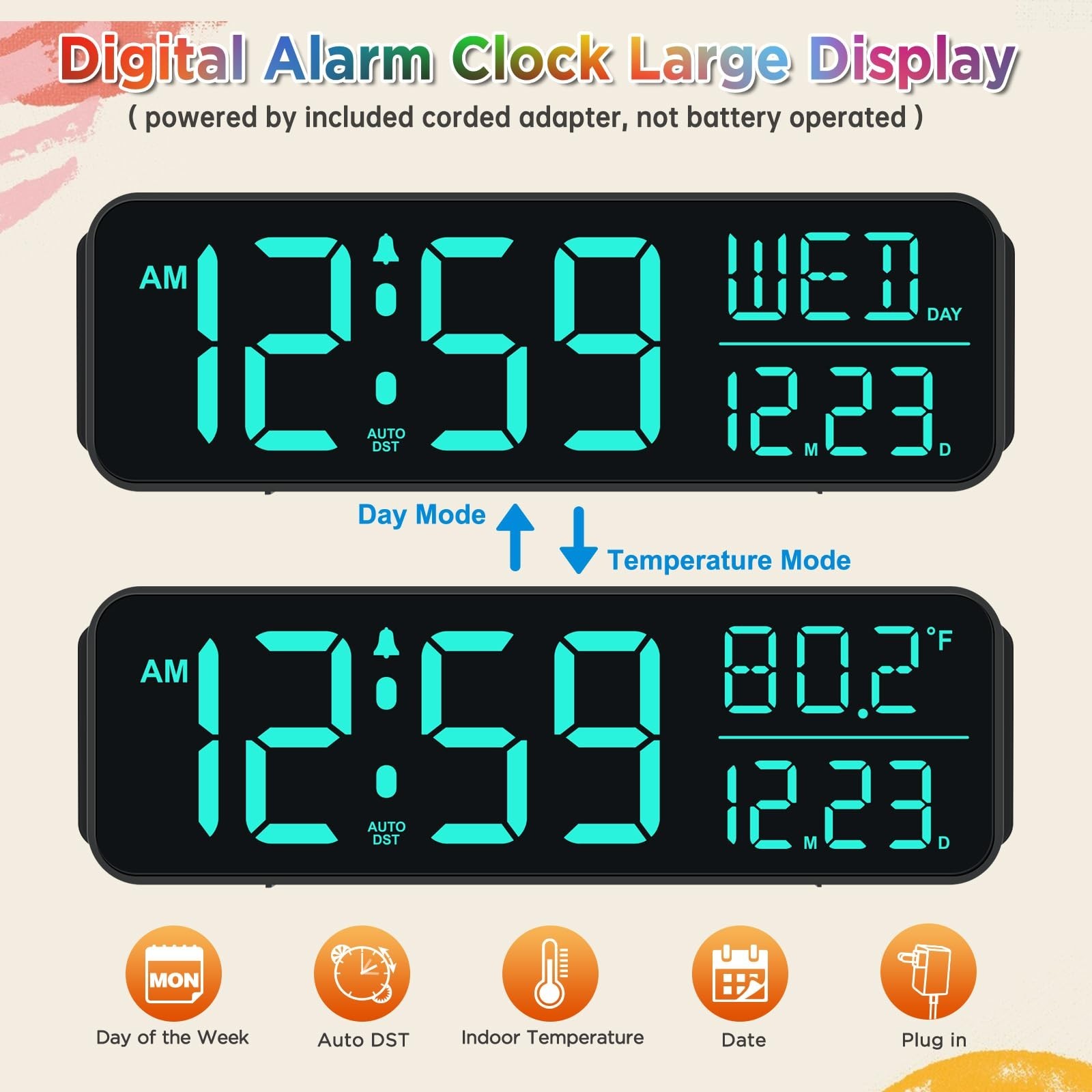 Peakeep Digital Alarm Clock for Bedrooms, Date Day of Week Large Display Numb...