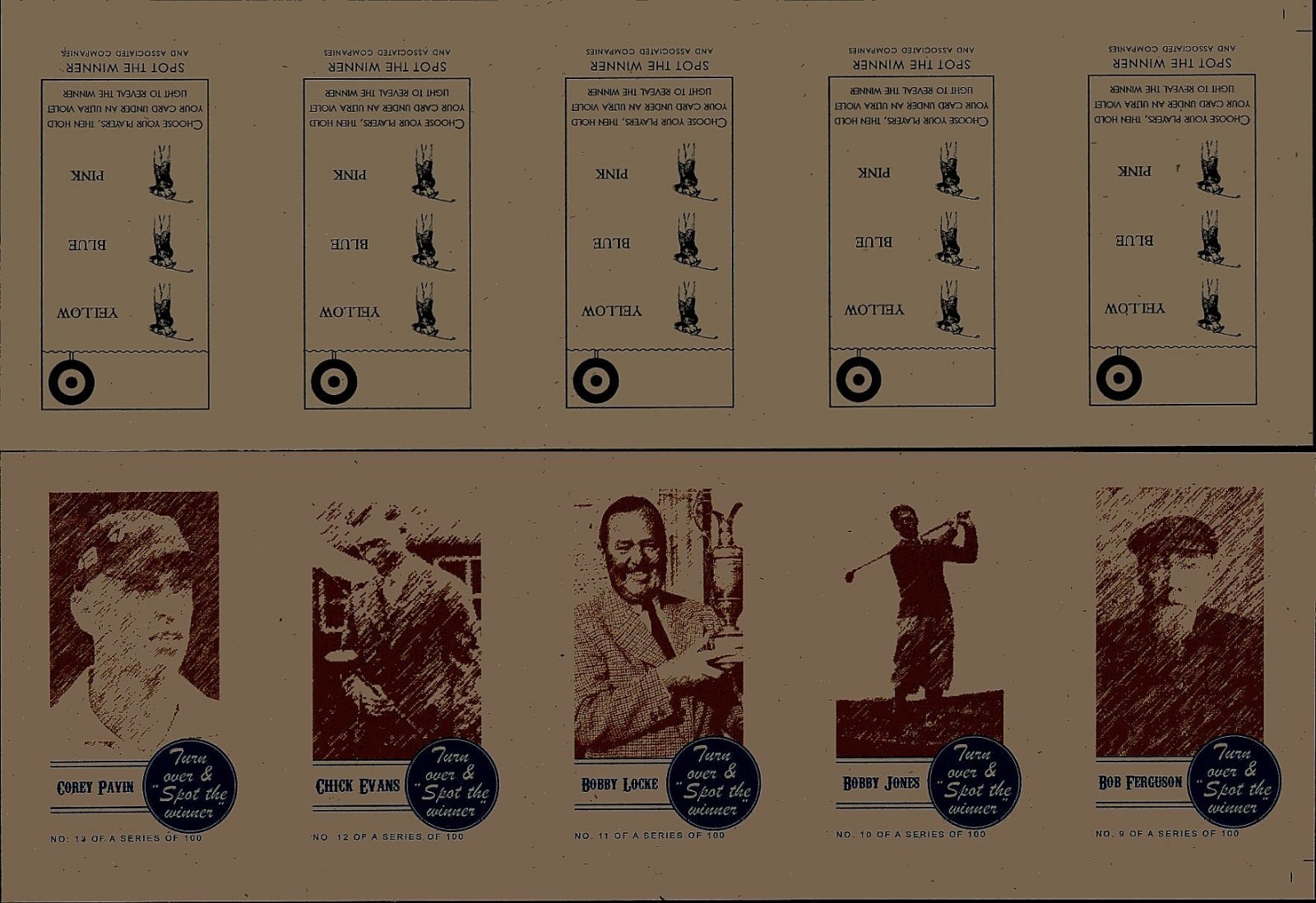 RARE BOBBY JONES, BOBBY LOCKE, COREY PAVIN, CHICK EVANS Uncut Golf Card Strip