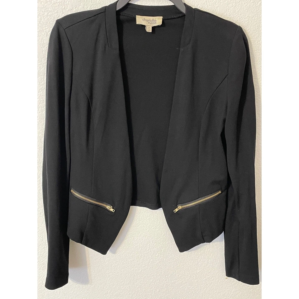 Blazer Charlotte Russe negro sin cuello imitación bolsillos con cremallera para mujer negocios Foto 2 de 4