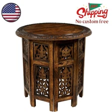 Solid Wood Accent End Table - Hand Carved Vintage Boho Folding Side Table